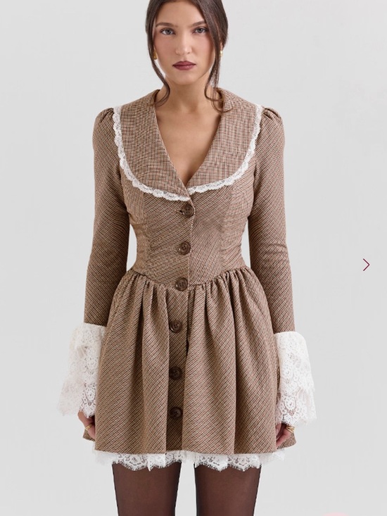 House of CB Dresses & Skirts - House of CB Brown Lace-Trim Button Front Long Sleeve Dress “SABLE”